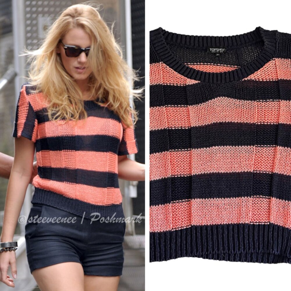 Topshop Knitted Striped Top in Black / Peach ASO Blake Lively Gossip Girl Set